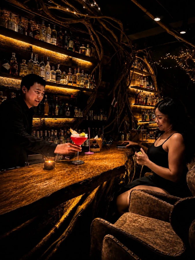 Bartender serving a red cocktail to a guest beneath illuminated bottle shelves.